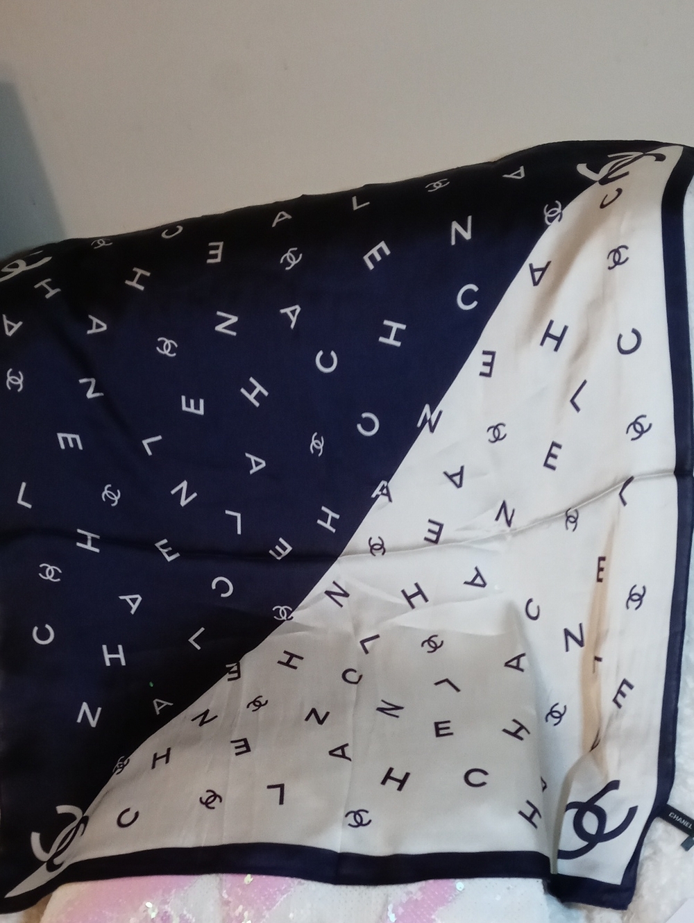 Chanel Navy and Cream Logo Silk Scarf